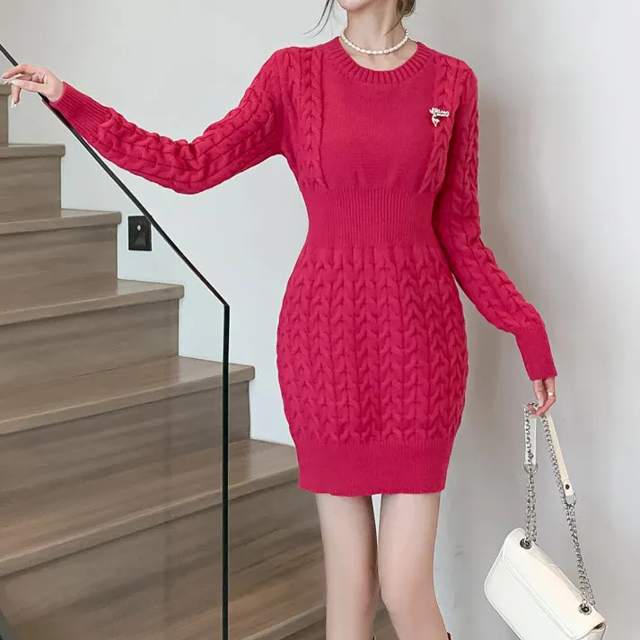 Round Neck Linen Sweater Hip-Covering Knitted Dress