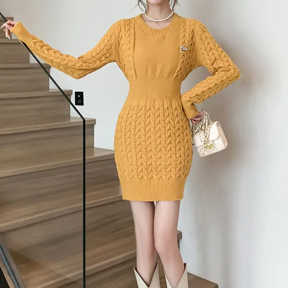 Round Neck Linen Sweater Hip-Covering Knitted Dress