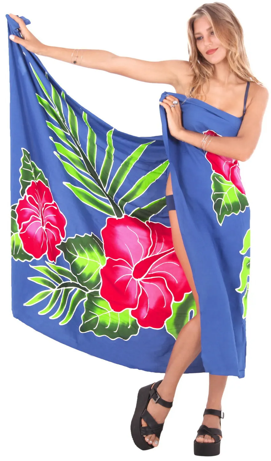 Royal Blue Non-Sheer Hand Painted Pink Hibiscus and Leaves Beach Wrap For Women