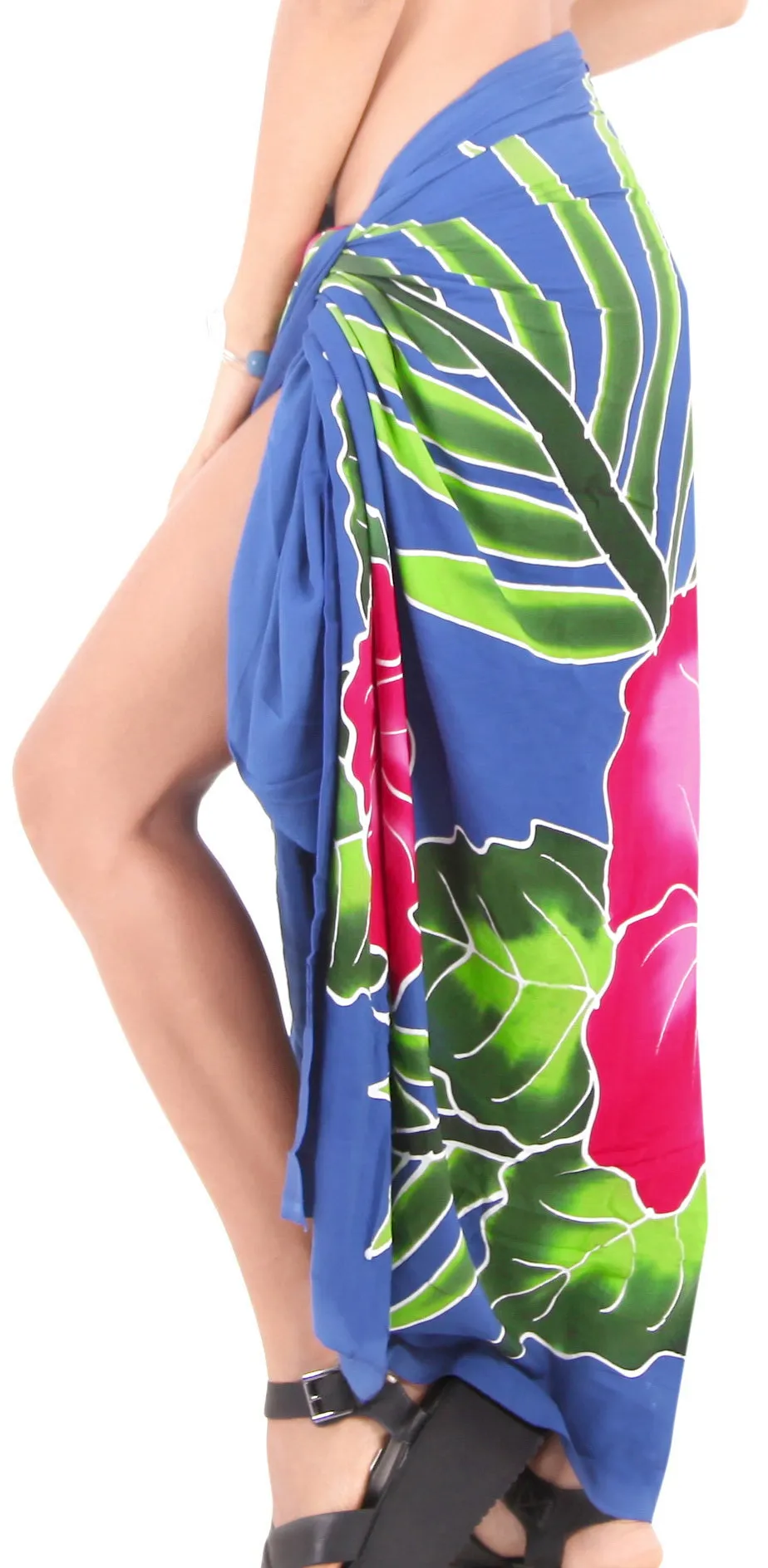 Royal Blue Non-Sheer Hand Painted Pink Hibiscus and Leaves Beach Wrap For Women