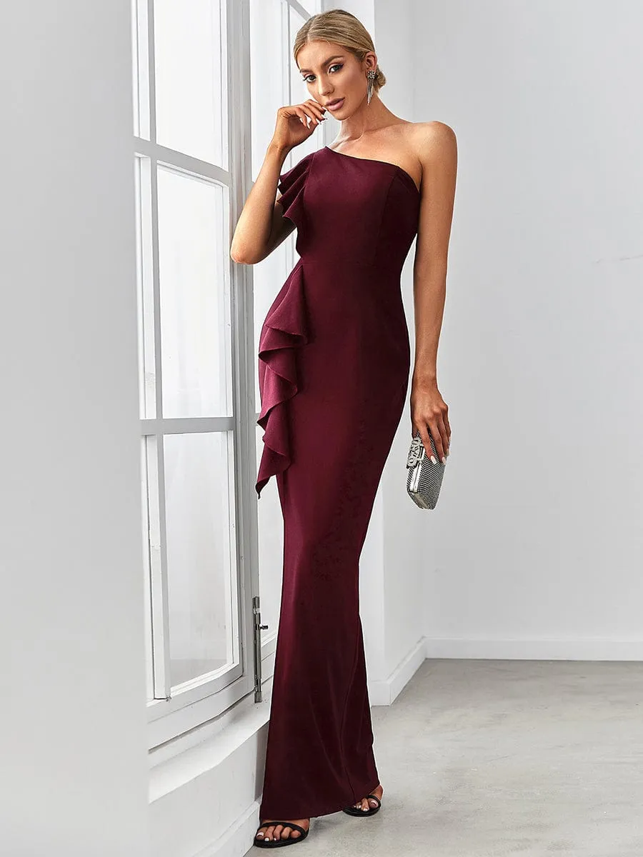 Ruffled One Shoulder Bodycon High Slit Formal Dress