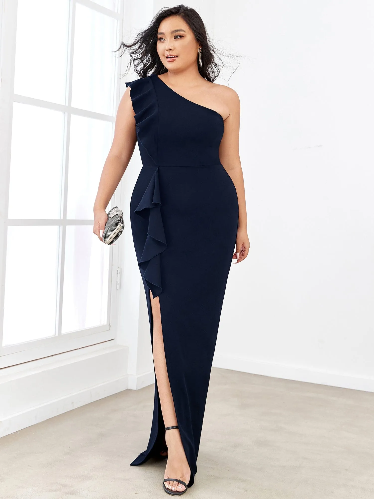 Ruffled One Shoulder Bodycon High Slit Formal Dress