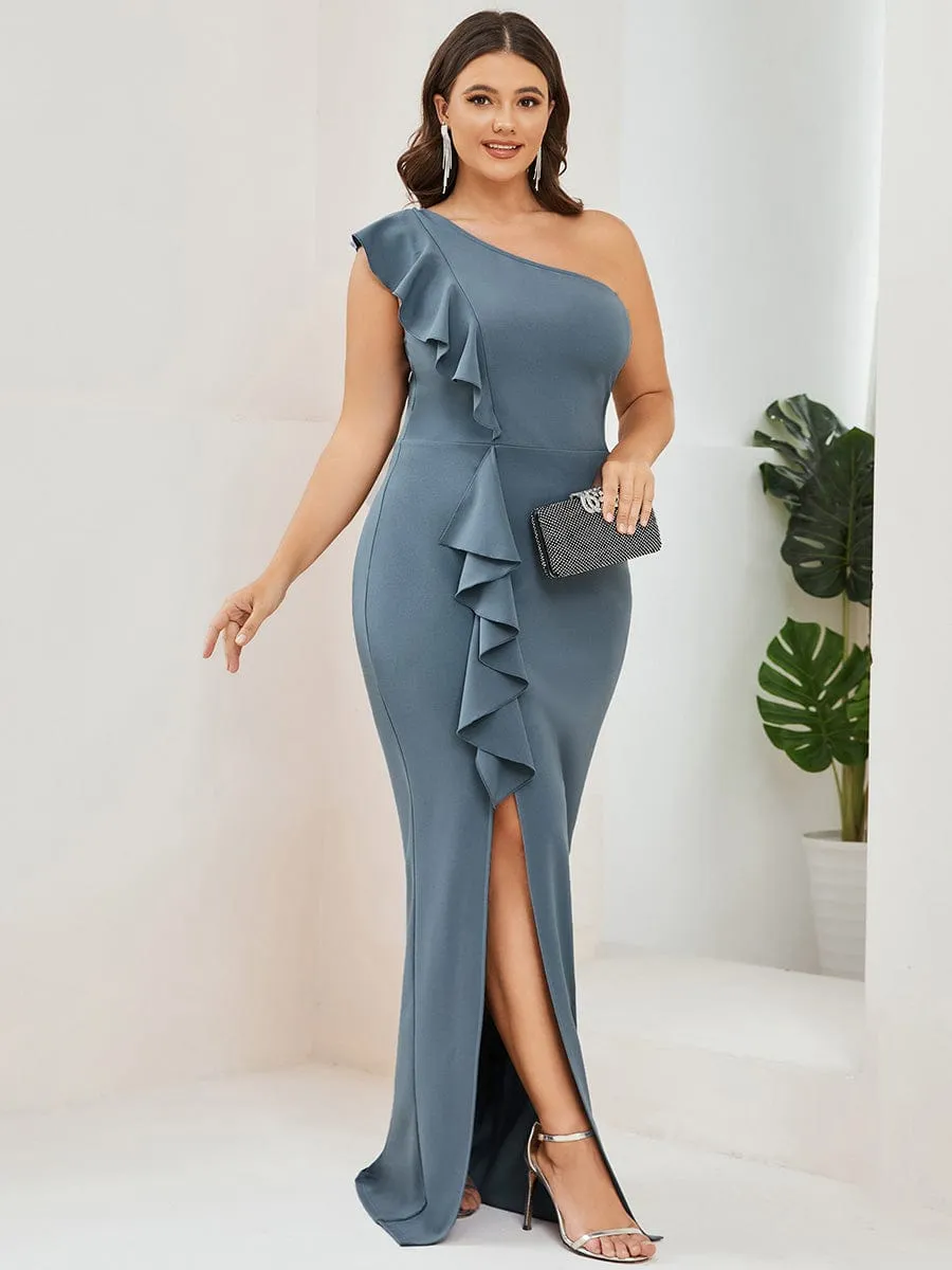 Ruffled One Shoulder Bodycon High Slit Formal Dress