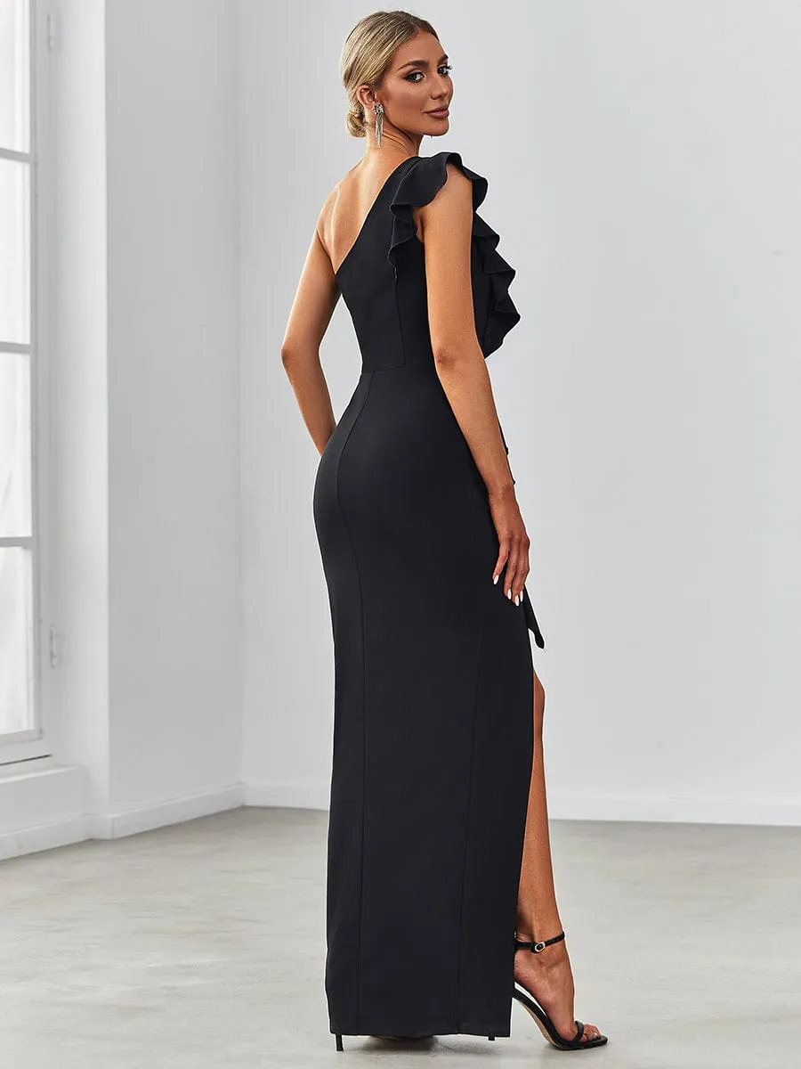 Ruffled One Shoulder Bodycon High Slit Formal Dress