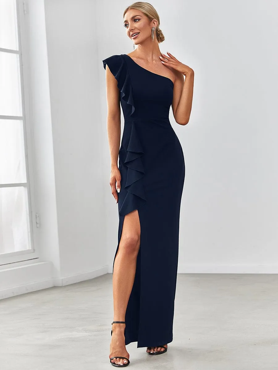 Ruffled One Shoulder Bodycon High Slit Formal Dress