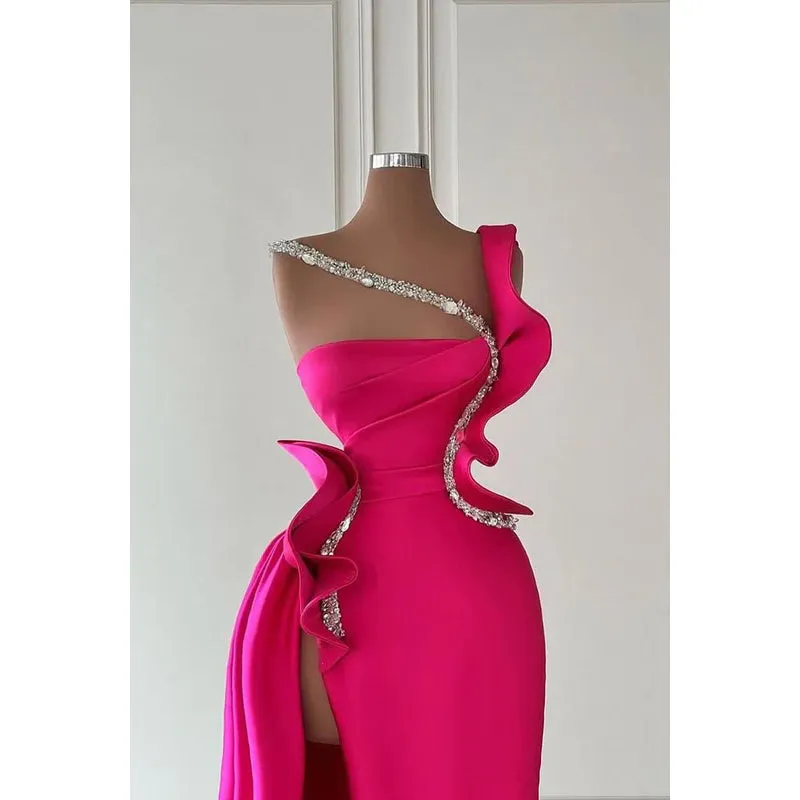 Sheath Asymmetrical Beaded Satin Long Prom Evening Dress With Slit