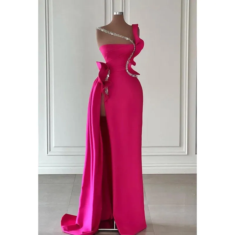 Sheath Asymmetrical Beaded Satin Long Prom Evening Dress With Slit