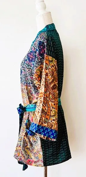 Short Stylish Patchwork Silk Blend Kimono Jacket (Mixed)