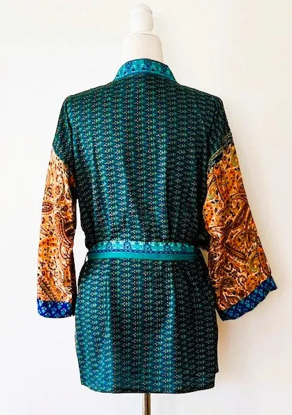 Short Stylish Patchwork Silk Blend Kimono Jacket (Mixed)