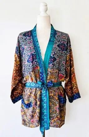 Short Stylish Patchwork Silk Blend Kimono Jacket (Mixed)