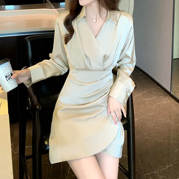 Slim Fit Pleated Long Sleeve V Neck Shirt Dress