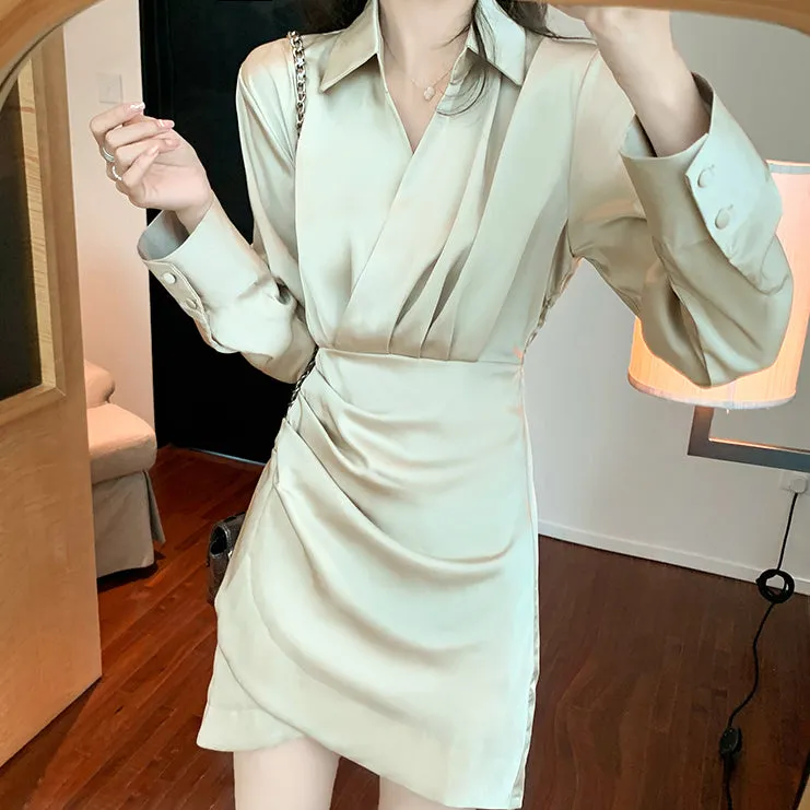 Slim Fit Pleated Long Sleeve V Neck Shirt Dress