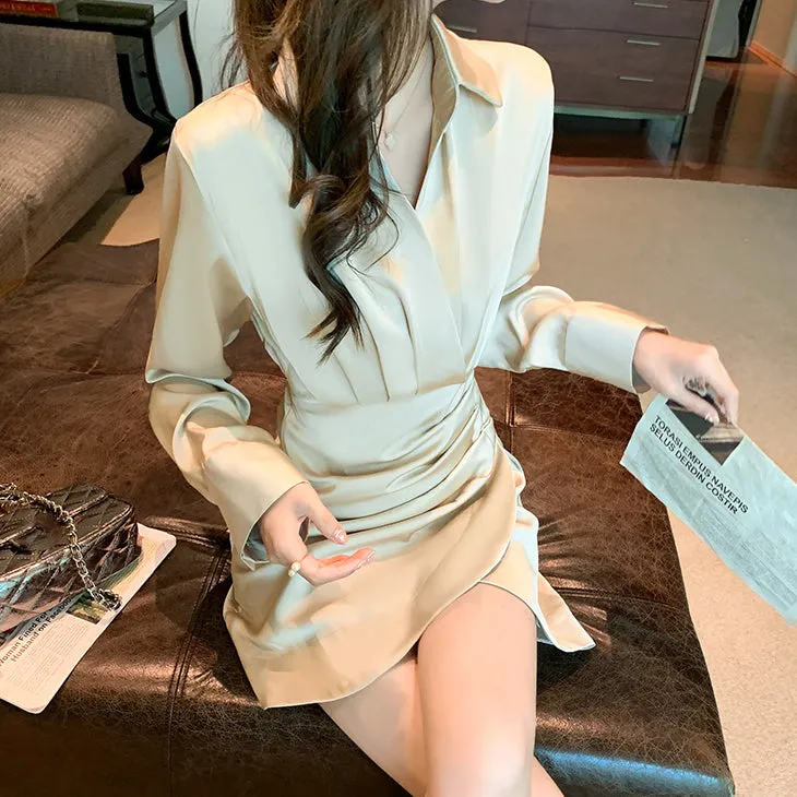 Slim Fit Pleated Long Sleeve V Neck Shirt Dress