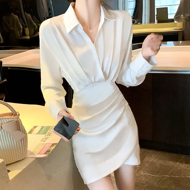 Slim Fit Pleated Long Sleeve V Neck Shirt Dress