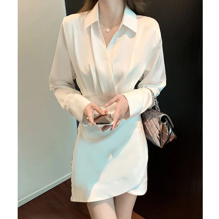 Slim Fit Pleated Long Sleeve V Neck Shirt Dress