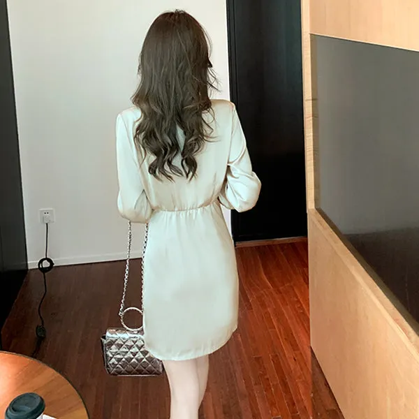 Slim Fit Pleated Long Sleeve V Neck Shirt Dress