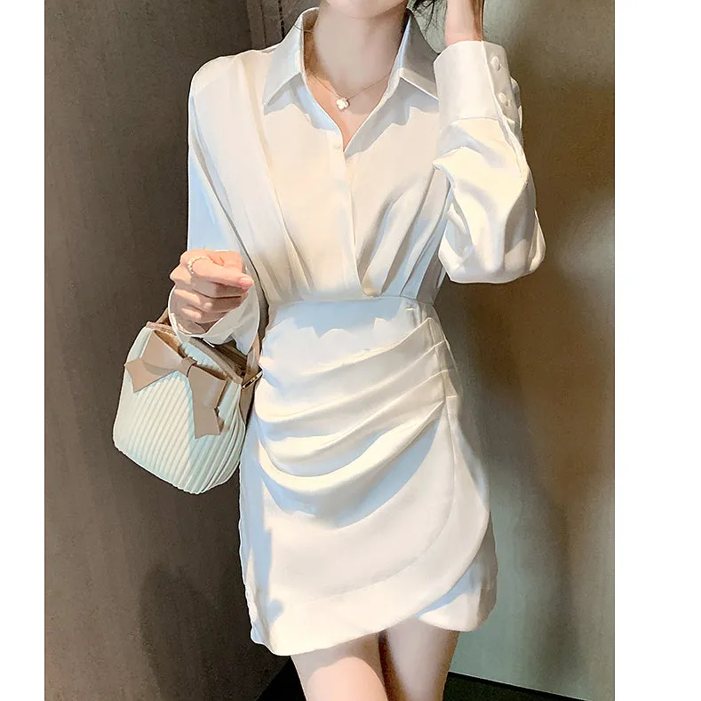 Slim Fit Pleated Long Sleeve V Neck Shirt Dress