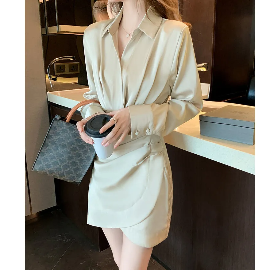 Slim Fit Pleated Long Sleeve V Neck Shirt Dress