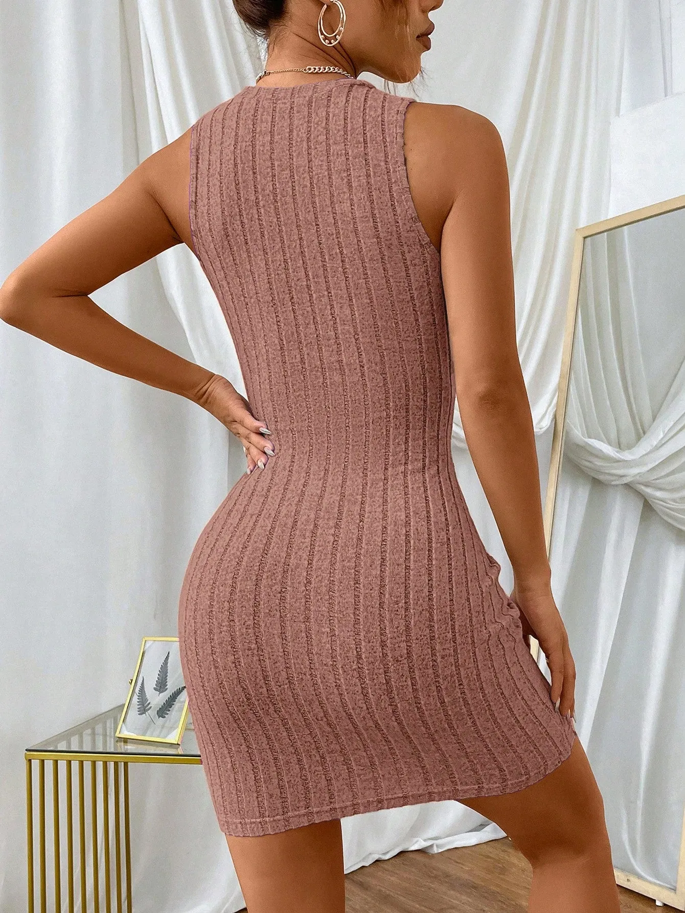 Solid Ribbed Knit Bodycon Dress