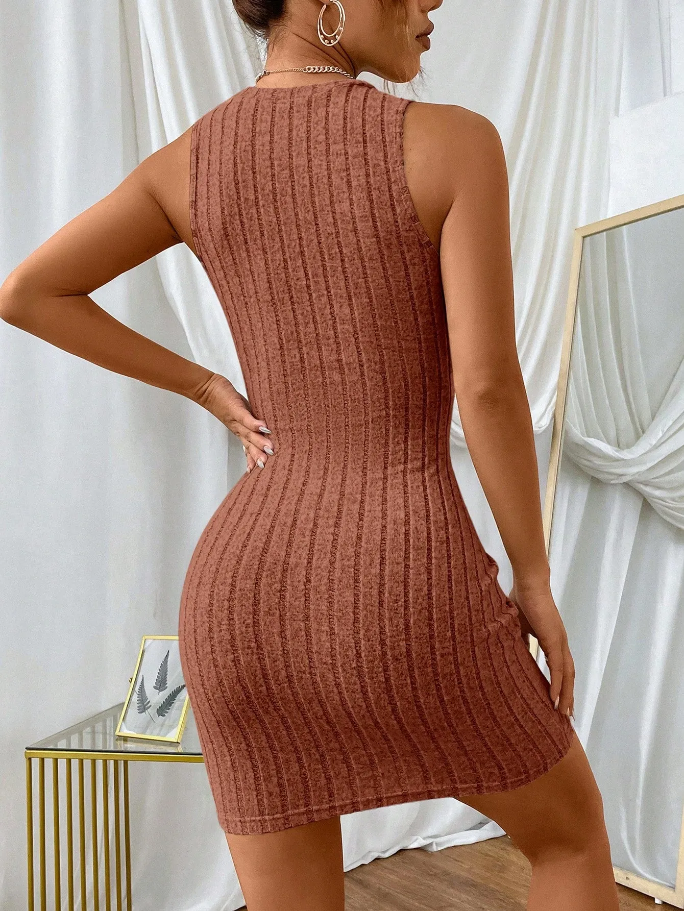 Solid Ribbed Knit Bodycon Dress