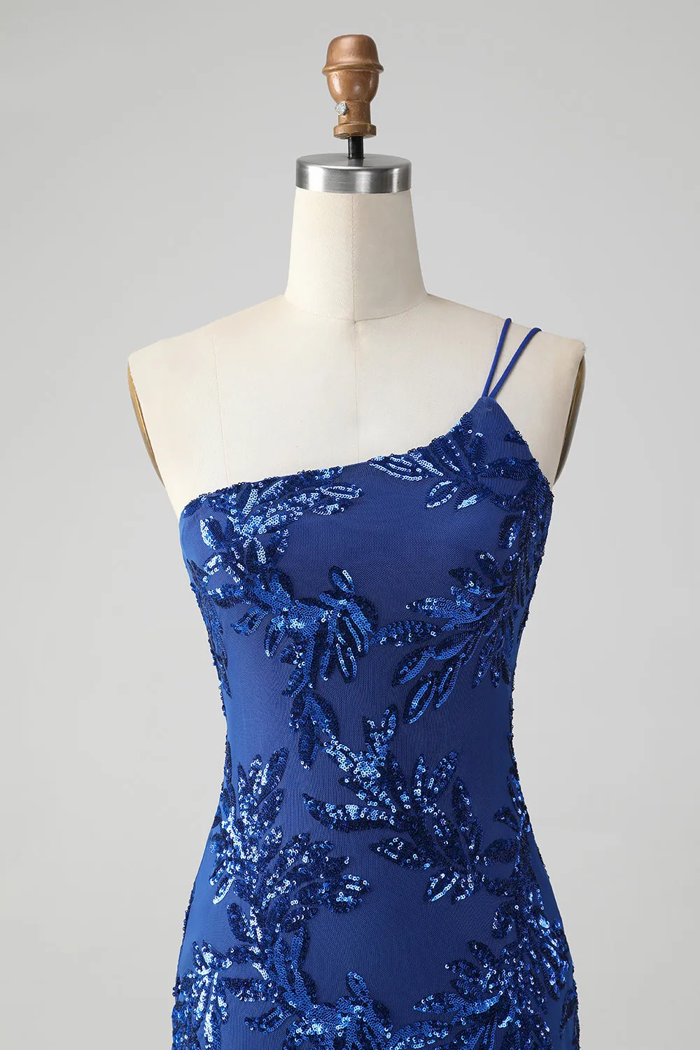 Sparkly Bodycon Royal Blue One Shoulder Sequins Homecoming Dress with Embroidery