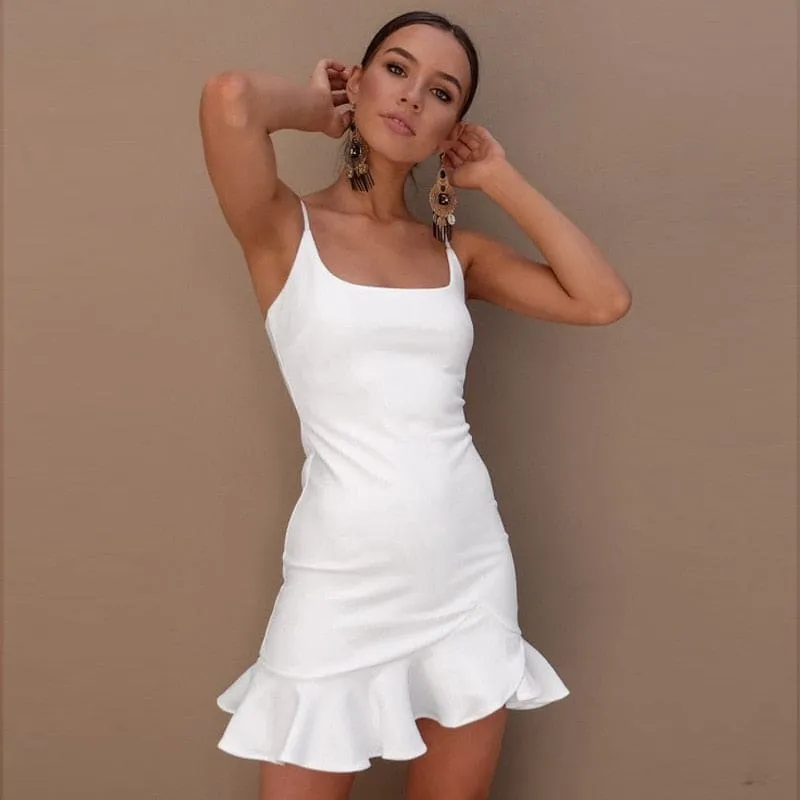 Square Neck Ruffle Hem Adjustable Strap Bodycon Cami Dress