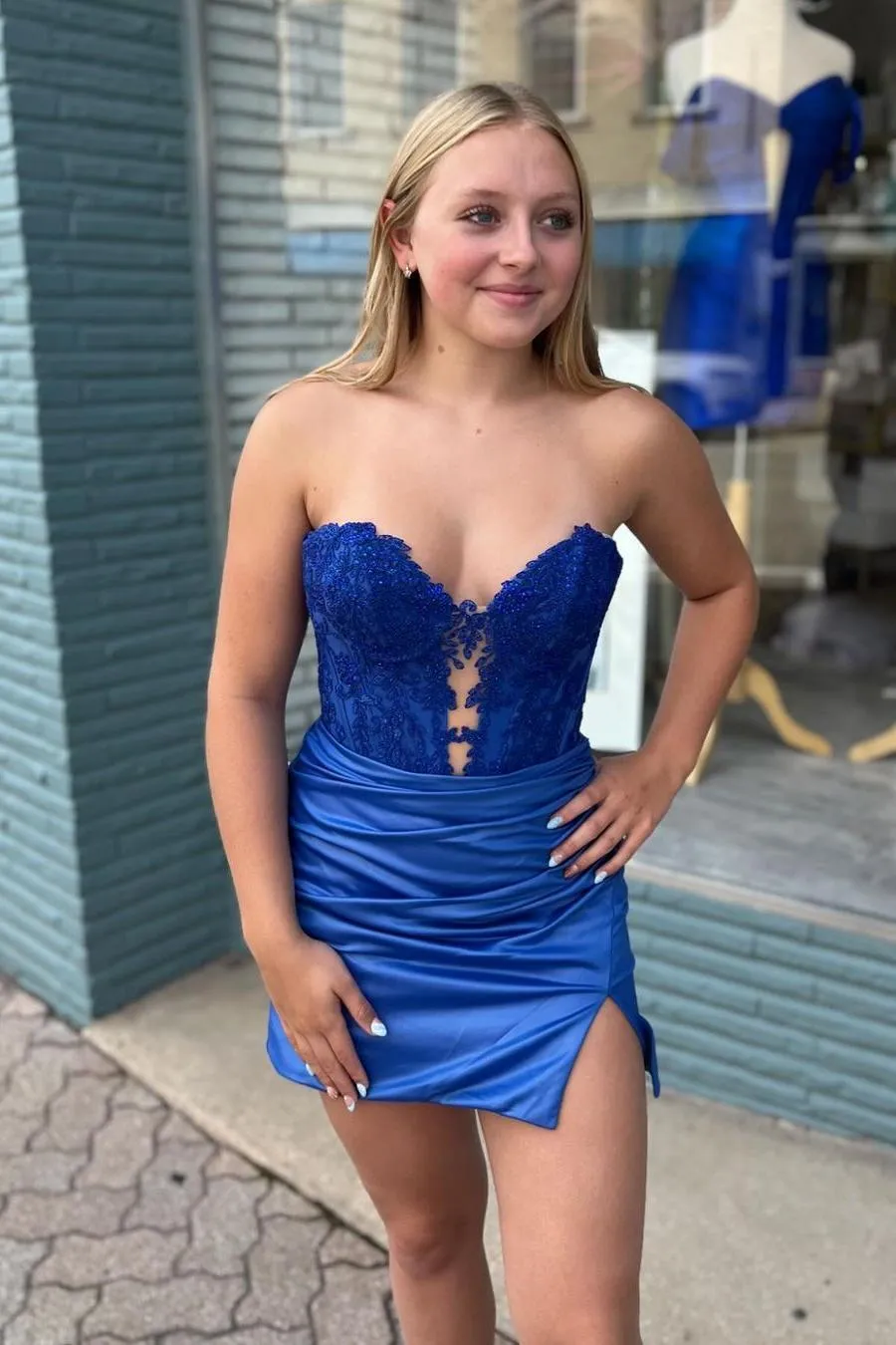 Strapless Blue Appliques Ruched Bodycon Short Dress