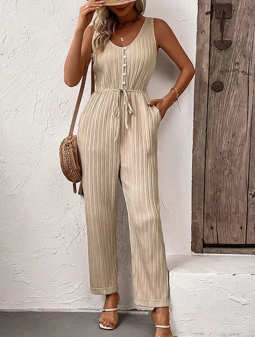 Stylish V-Neck Pleated Vest Cinched Waist Lace-Up Jumpsuit