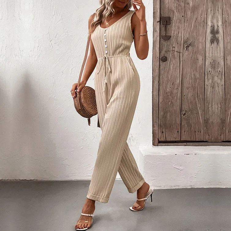 Stylish V-Neck Pleated Vest Cinched Waist Lace-Up Jumpsuit