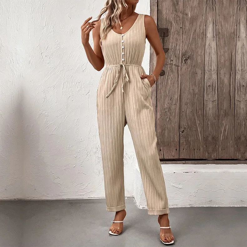 Stylish V-Neck Pleated Vest Cinched Waist Lace-Up Jumpsuit