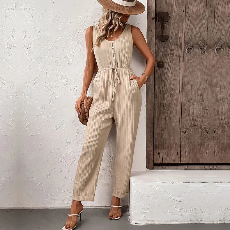 Stylish V-Neck Pleated Vest Cinched Waist Lace-Up Jumpsuit