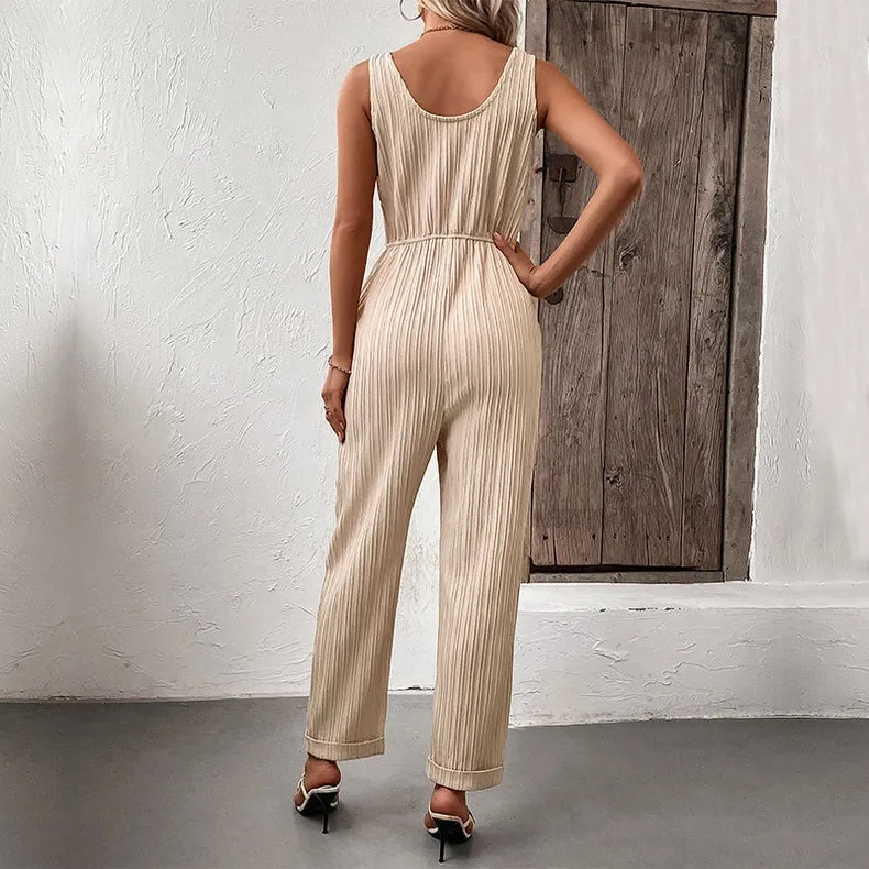 Stylish V-Neck Pleated Vest Cinched Waist Lace-Up Jumpsuit