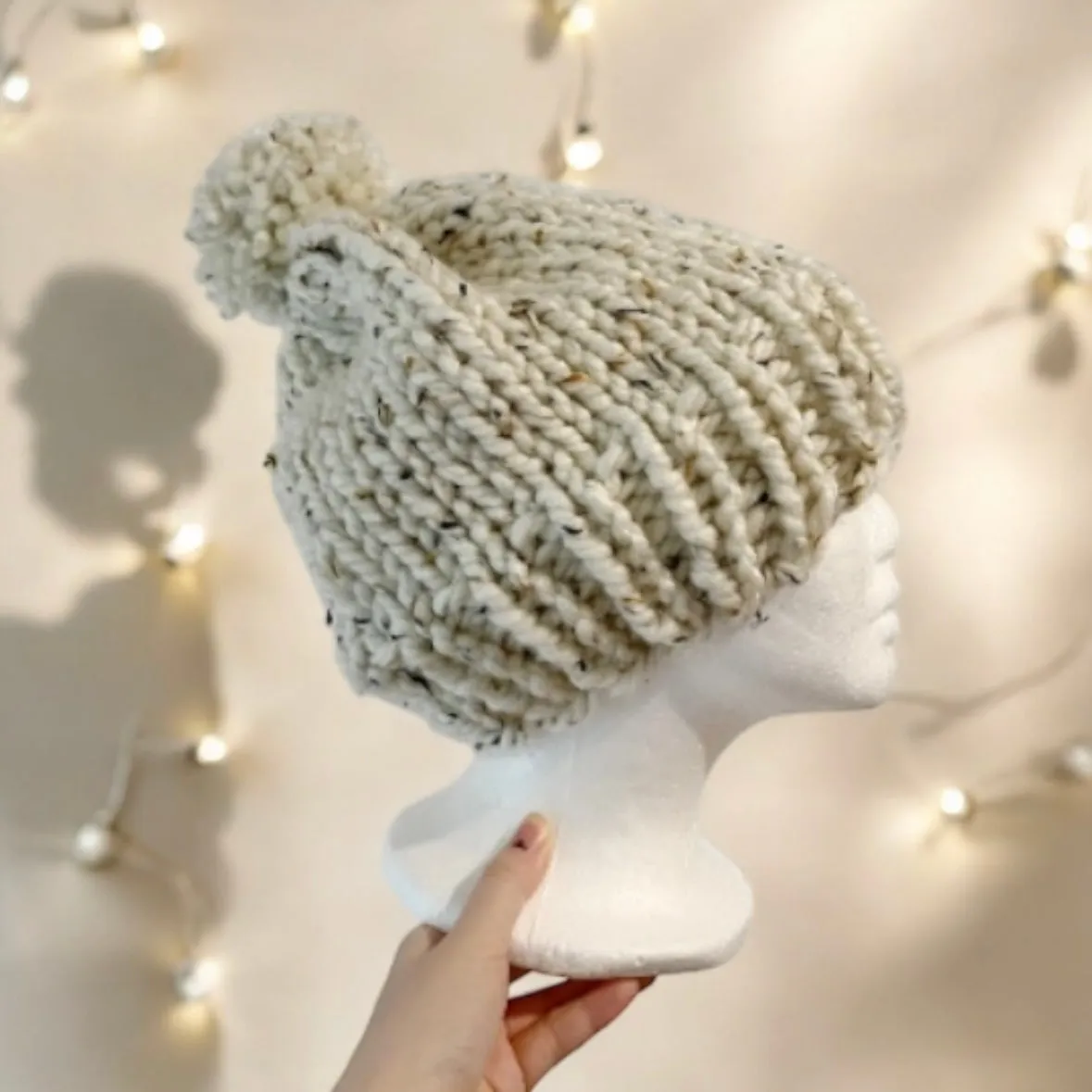 Super chunky pompom slouchy hat | knit winter beanie | cozy warm knit hat | oatmeal colour hat