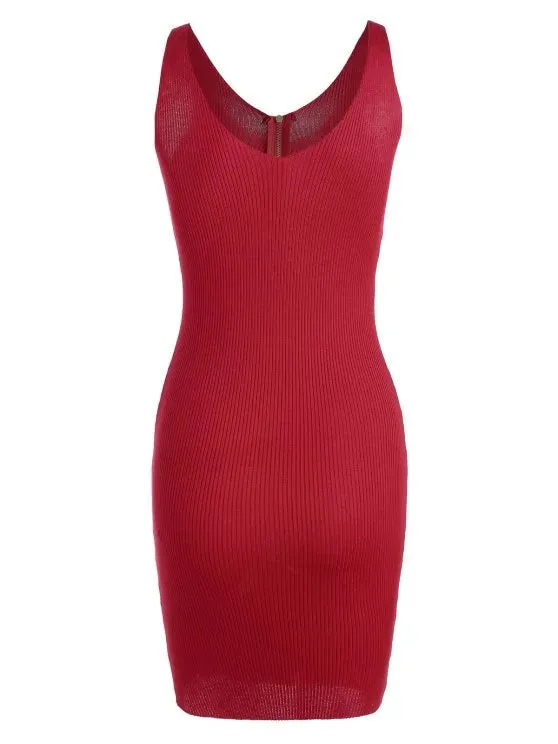 TastyHottie - Trendy Plunging Neck Ribbed Knitted Bodycon Dress