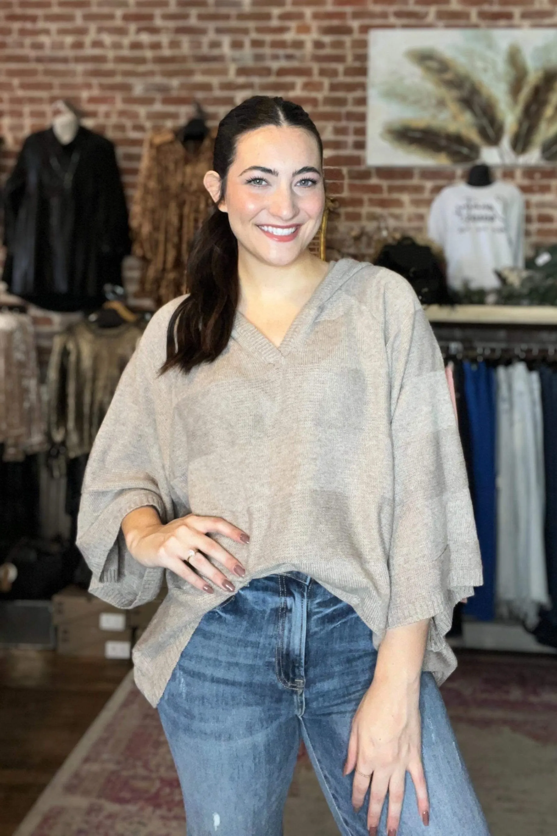 Taupe Striped Hooded Sweater