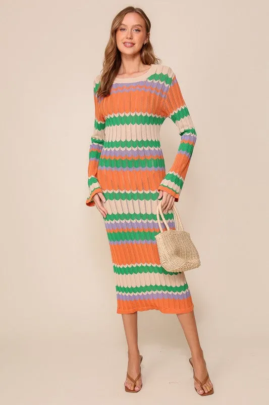 Taupe/Orange Multi Mixed Striped Midi Knit Dress