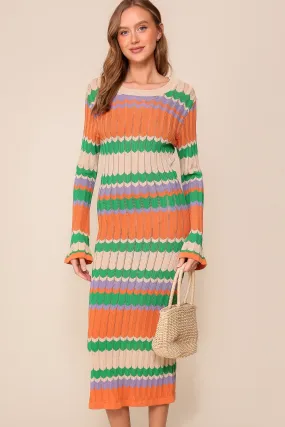 Taupe/Orange Multi Mixed Striped Midi Knit Dress