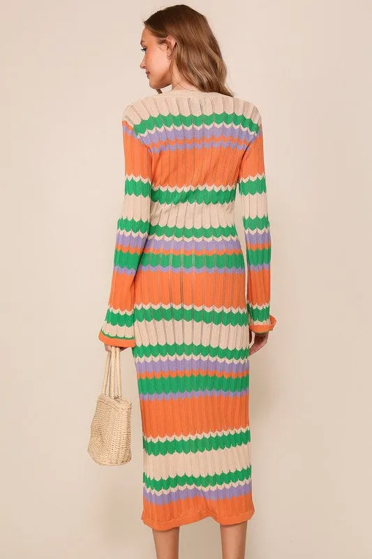 Taupe/Orange Multi Mixed Striped Midi Knit Dress