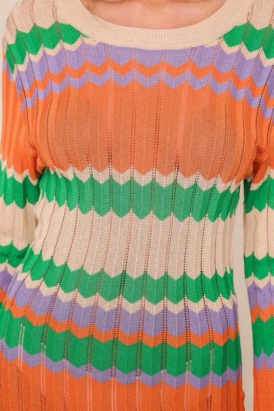 Taupe/Orange Multi Mixed Striped Midi Knit Dress