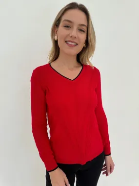 Tipped V-Neck Sweater - Red