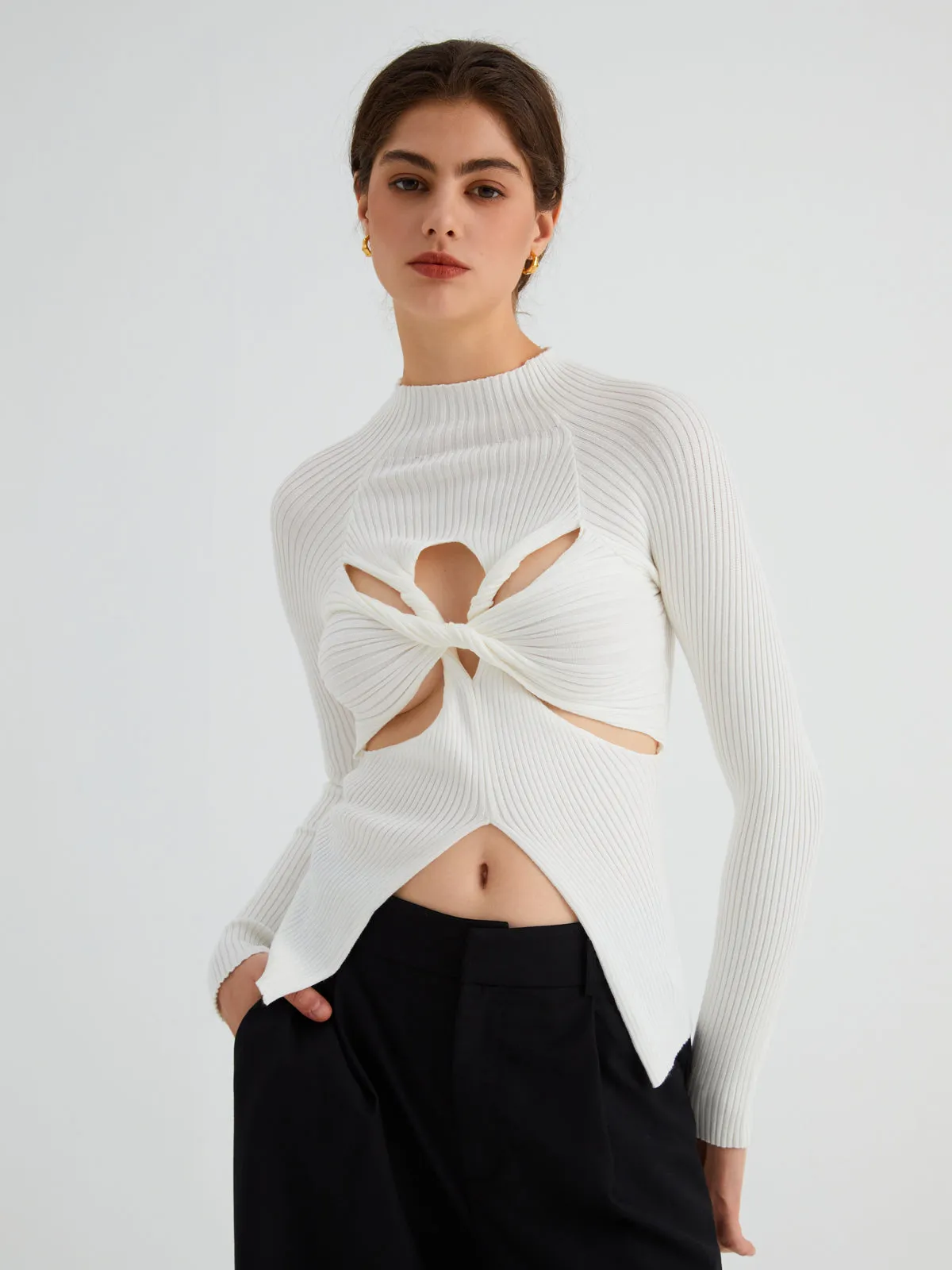 Twist Cutout Rib Trendy Long Sleeve Top