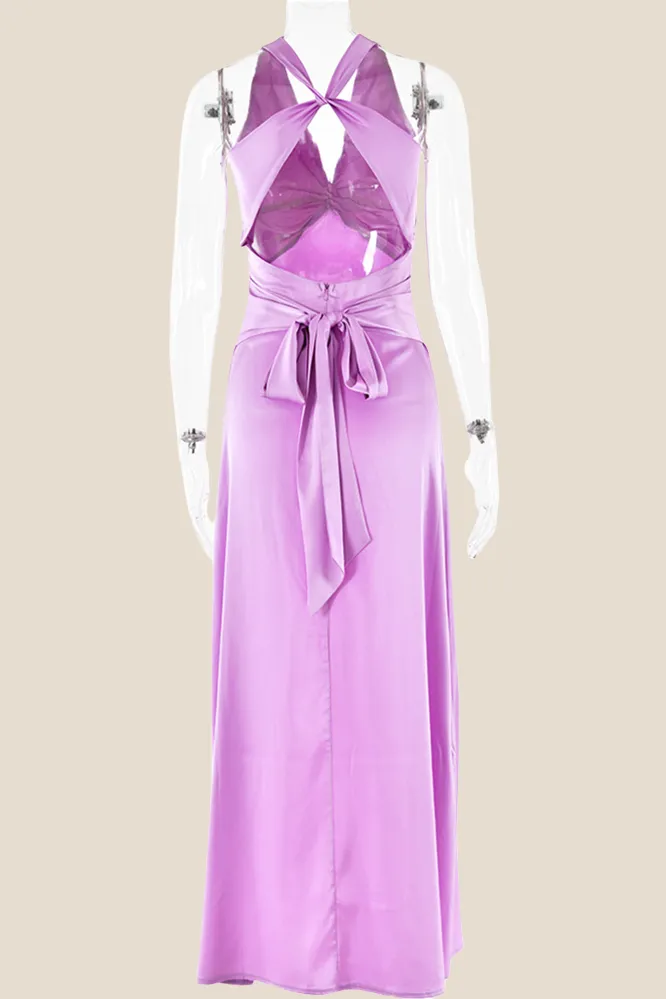 Twist V-neck Lilac Open Back Sheath Long Dress