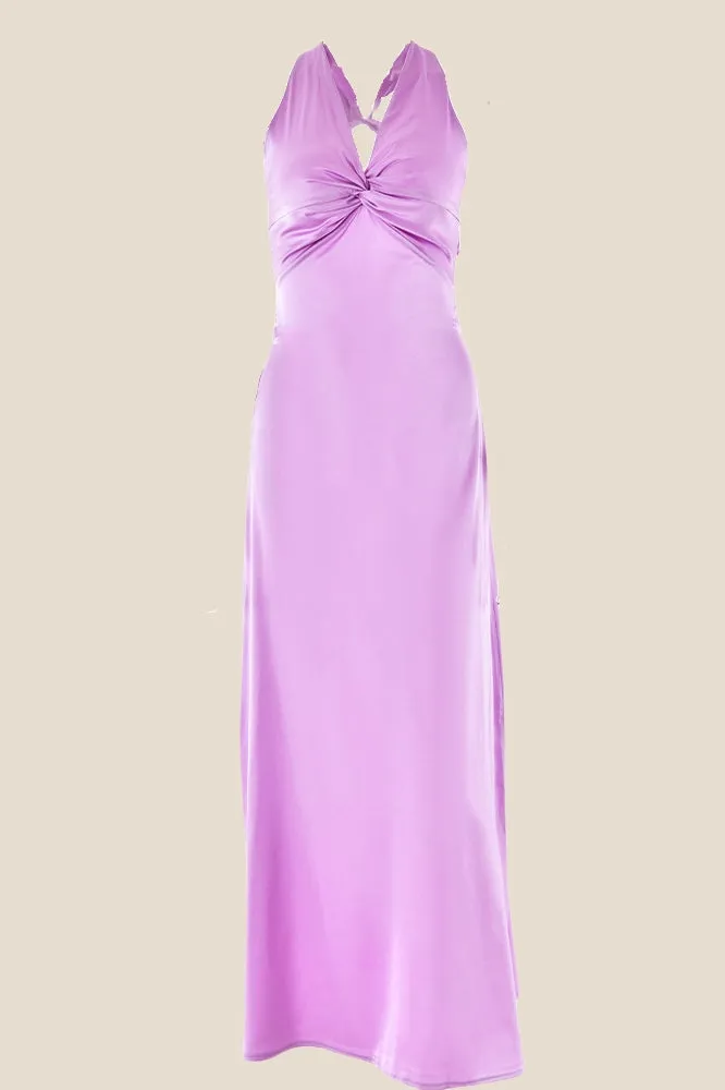 Twist V-neck Lilac Open Back Sheath Long Dress