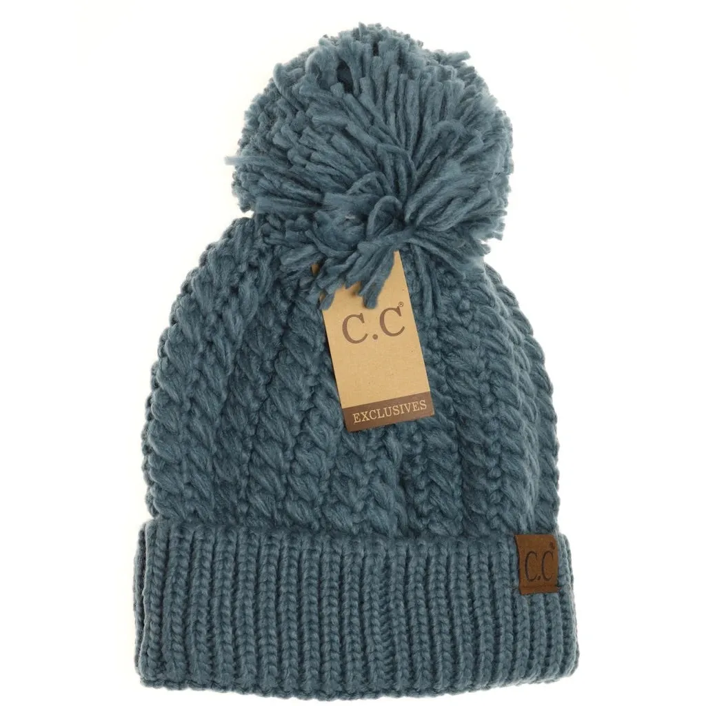 Twisted Mock Cable Knit Pom Beanie -Steel Blue