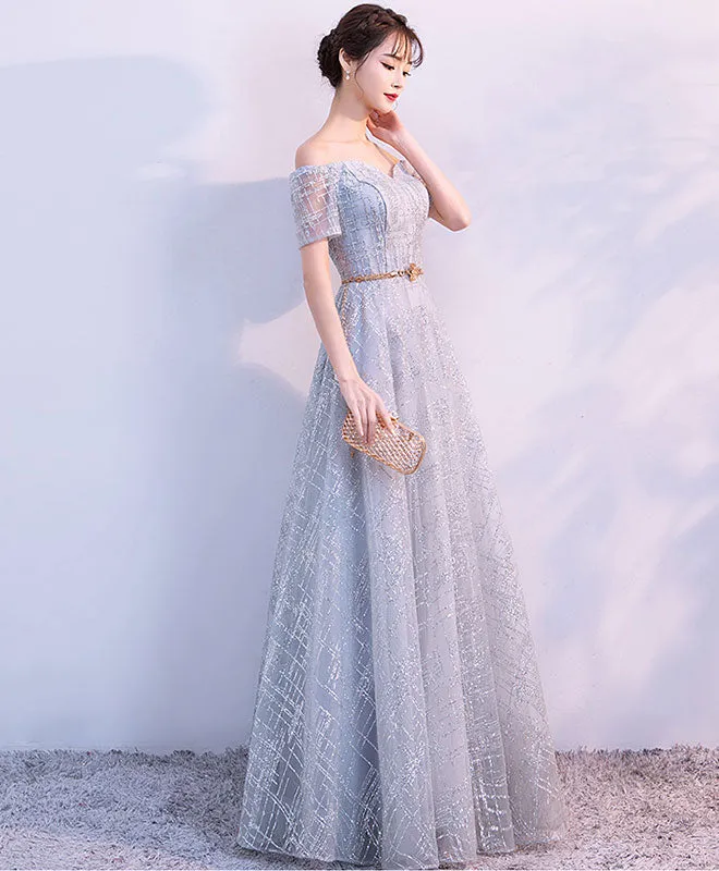 Unique Tulle Gray Long Prom Dress, Tulle Gray Evening Dress