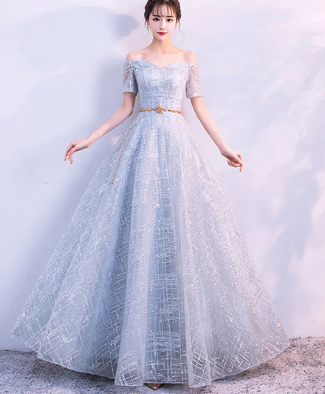 Unique Tulle Gray Long Prom Dress, Tulle Gray Evening Dress