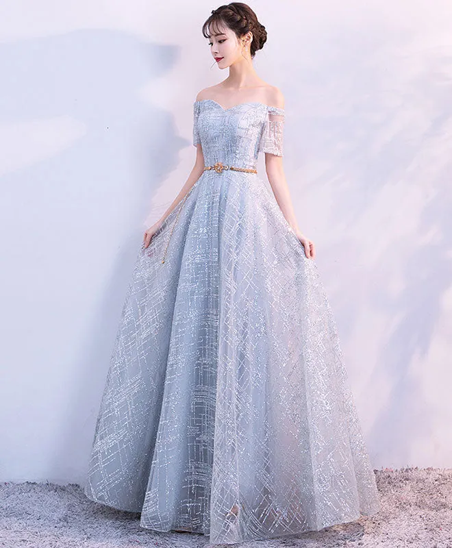 Unique Tulle Gray Long Prom Dress, Tulle Gray Evening Dress