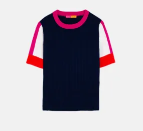 Vilagallo - Colorblock Short Sleeve Sweater in Navy, Pink, and White