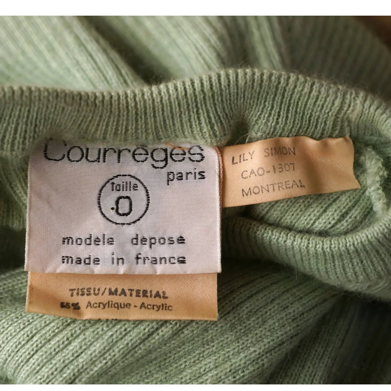 Vintage 1970s Courreges Paris Sweater Top Green Ribbed Knit with Logo Size S