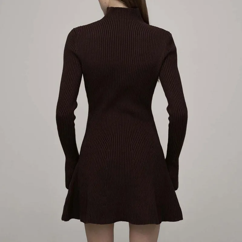 Vintage High Neck Long Sleeve A Line Ruffle Hem Ribbed Knit Mini Sweater Dress